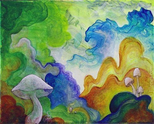 Multi colored Acrylic painting with mushrooms