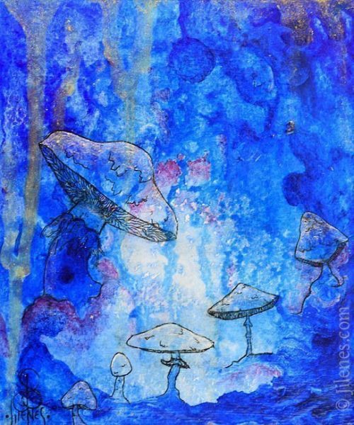 a blue mixed media painting featuring 6 mushrooms of different types and sizes