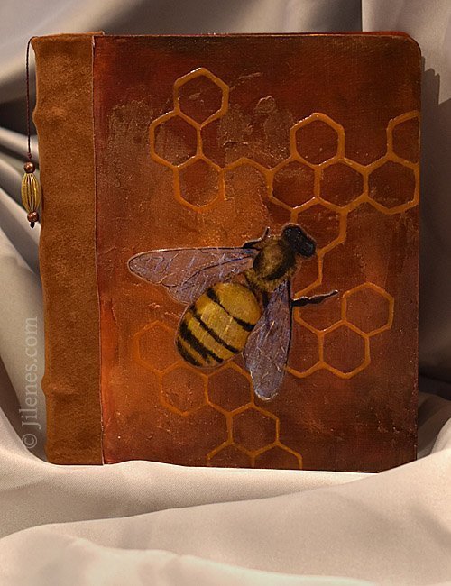 Hard cover hand bound journal with sculpted bee and honey comb