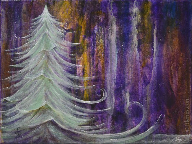 Abstract purple, white and yellow Acrylic background with white evergreen tree on foreground