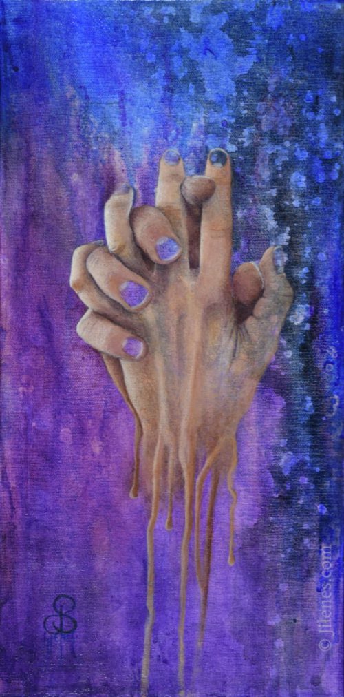 cool toned acrylic painting with two ghostly hands clasped together