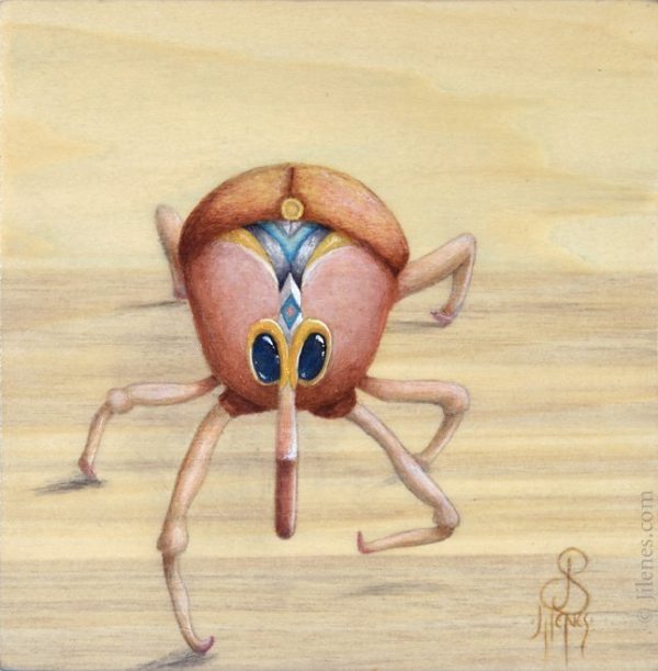 acrylic painting of bronze and gold colored imaginative bug on wood