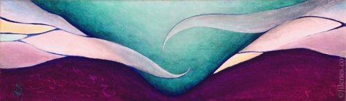 Long, narrow acrylic abstract painting with mountains on either side of a centred teal valley and swirling clouds