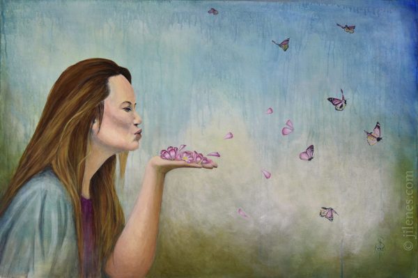 Acrylic painting of a woman blowing petals from her hand that turn into butterflies