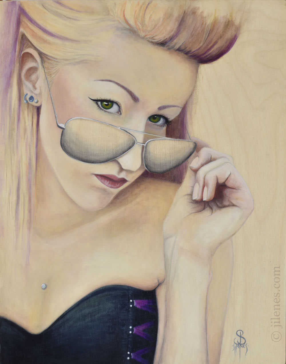 Acrylic painting of a woman wearing a black corset and aviator sunglasses with purple streaked hair