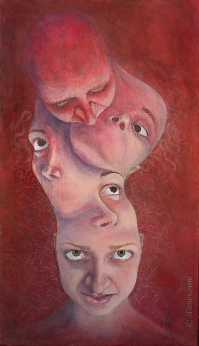 Red acrylic paintings showing a head with 4 different faces coming from the top showing different expressions